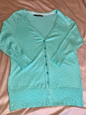 Maurices Mint Green Polka Dot V-Neck Cardigan 3/4 Sleeve